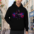 On-location model photograph displaying an armored cowl portrait surrounded by electric pink and blue light on the front of a men's hoodie