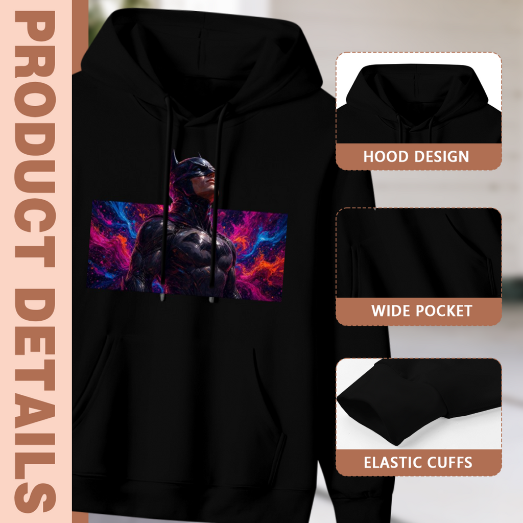 Garment and inset detail views for the men's Cowl in Electric Color hoodie, highlighting the hood, pocket opening and cuffs