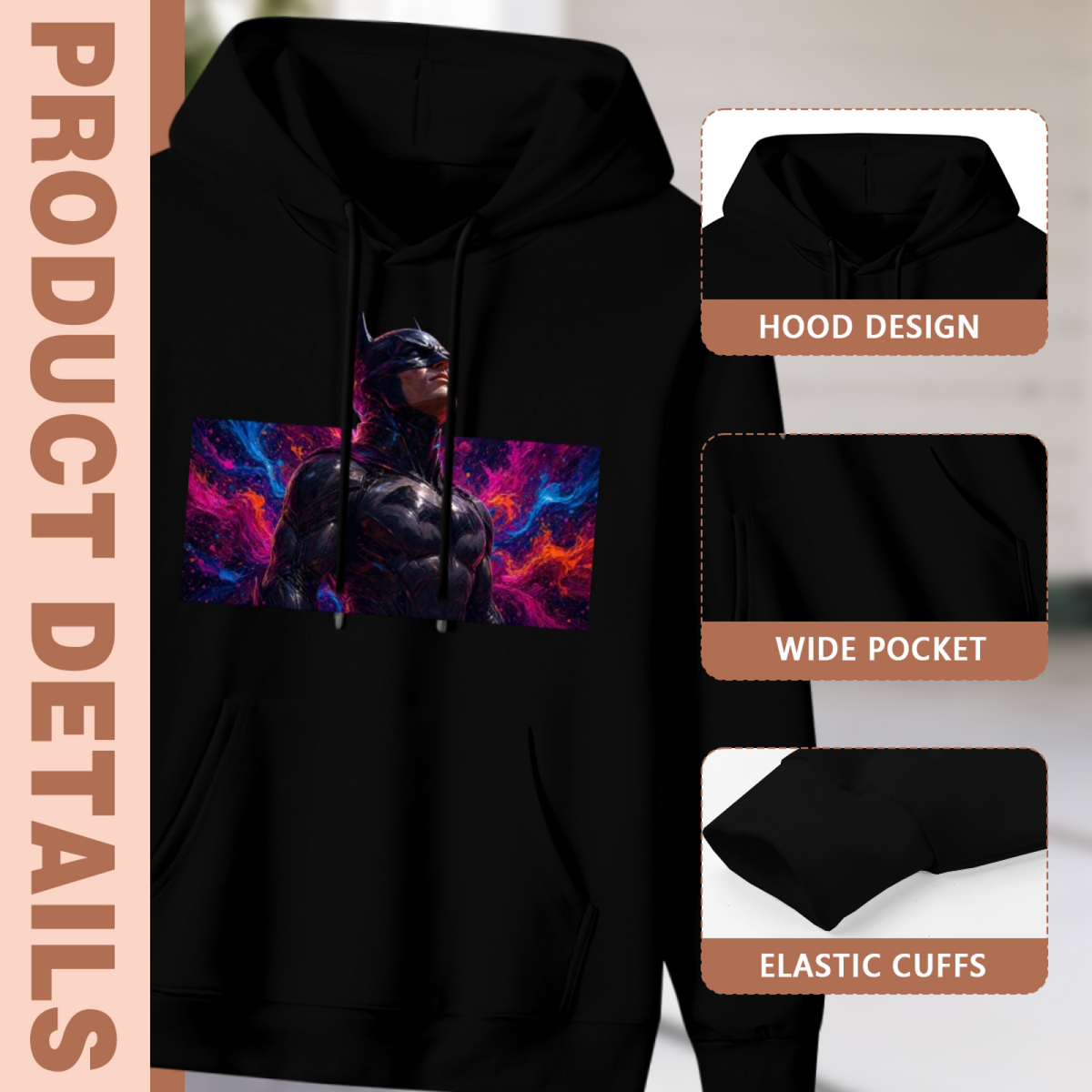 Garment and inset detail views for the men's Cowl in Electric Color hoodie, highlighting the hood, pocket opening and cuffs