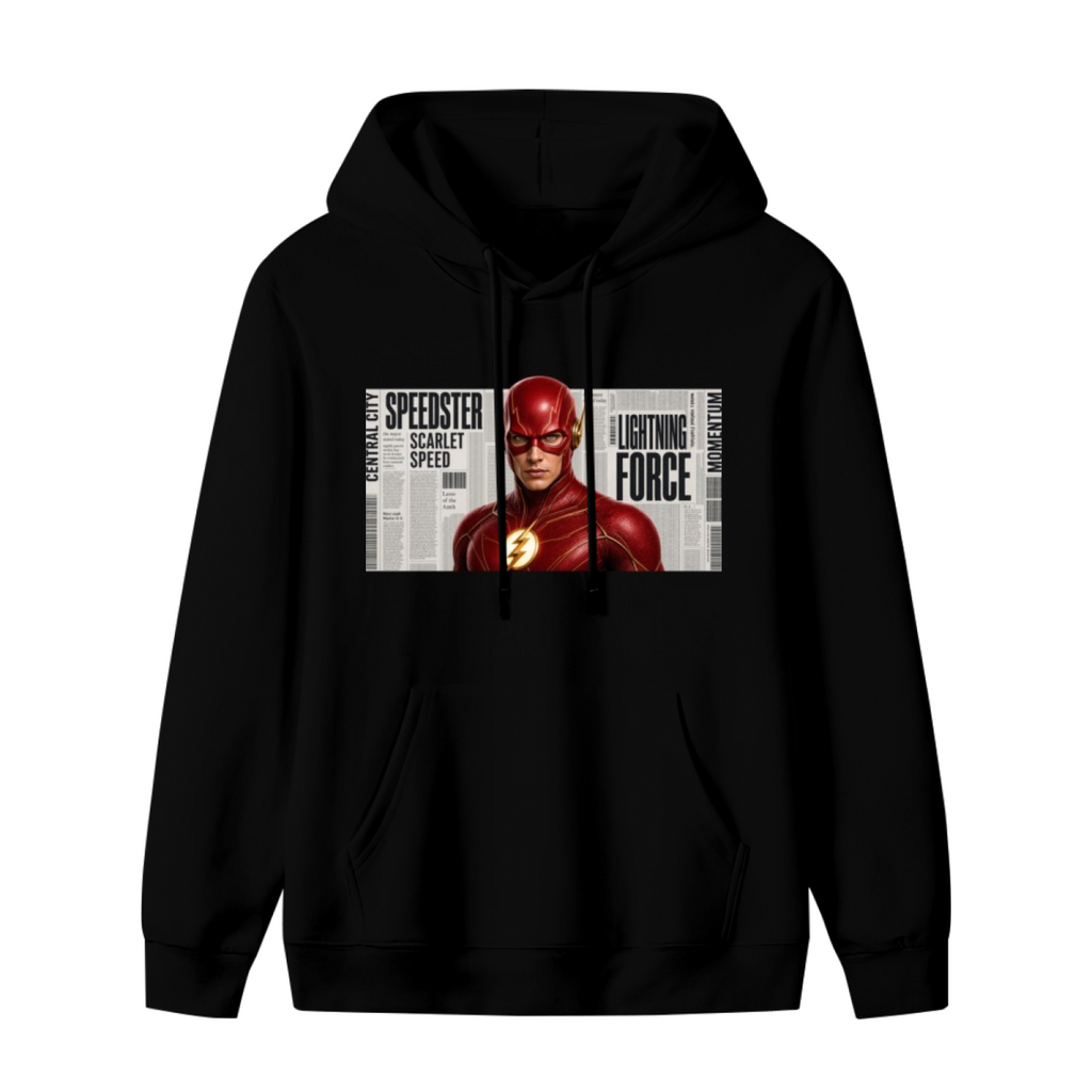 Unworn men's hoodie, front view of the design depicting a scarlet-cowl portrait against a rectangular newspaper-style backdrop