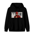 Unworn men's hoodie, front view of the design depicting a scarlet-cowl portrait against a rectangular newspaper-style backdrop