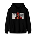 Unworn men's hoodie, front view of the design depicting a scarlet-cowl portrait against a rectangular newspaper-style backdrop