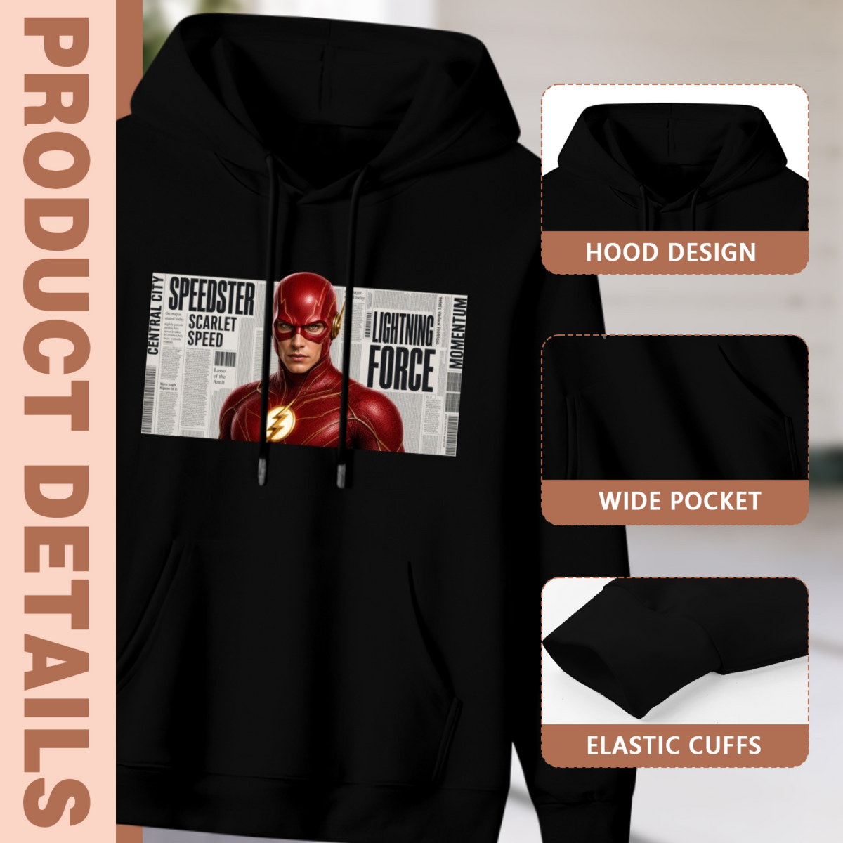 Garment and inset detail views for the men's Scarlet Face Newspaper Panel hoodie, highlighting the hood, pocket opening and cuffs