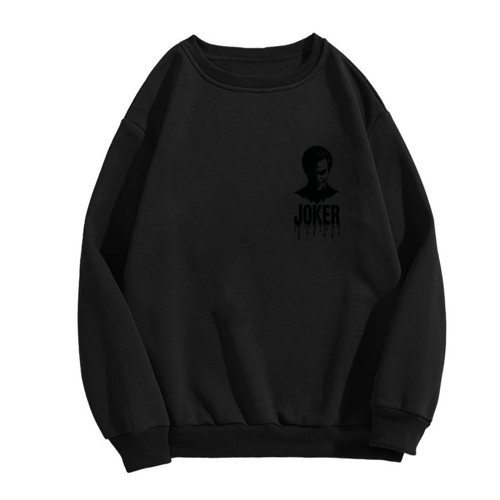 Unworn men's crewneck sweatshirt, front view of the design depicting a small clown silhouette and ink-style lettering