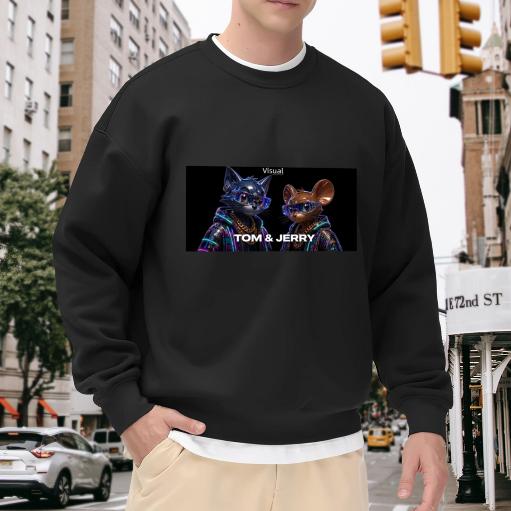 Men's crewneck sweatshirt worn outside, with the camera facing the graphic of a cartoon cat and mouse against a neon-toned backdrop