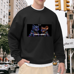 Men's crewneck sweatshirt worn outside, with the camera facing the graphic of a cartoon cat and mouse against a neon-toned backdrop