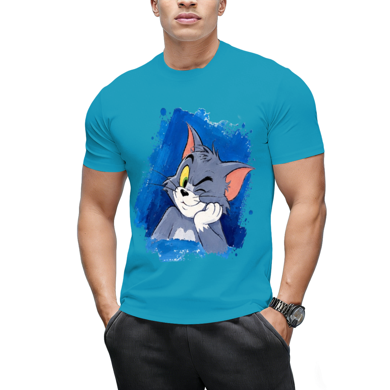 Tom Cat Peeking Blue Brushstroke Graphic Sweatshirt