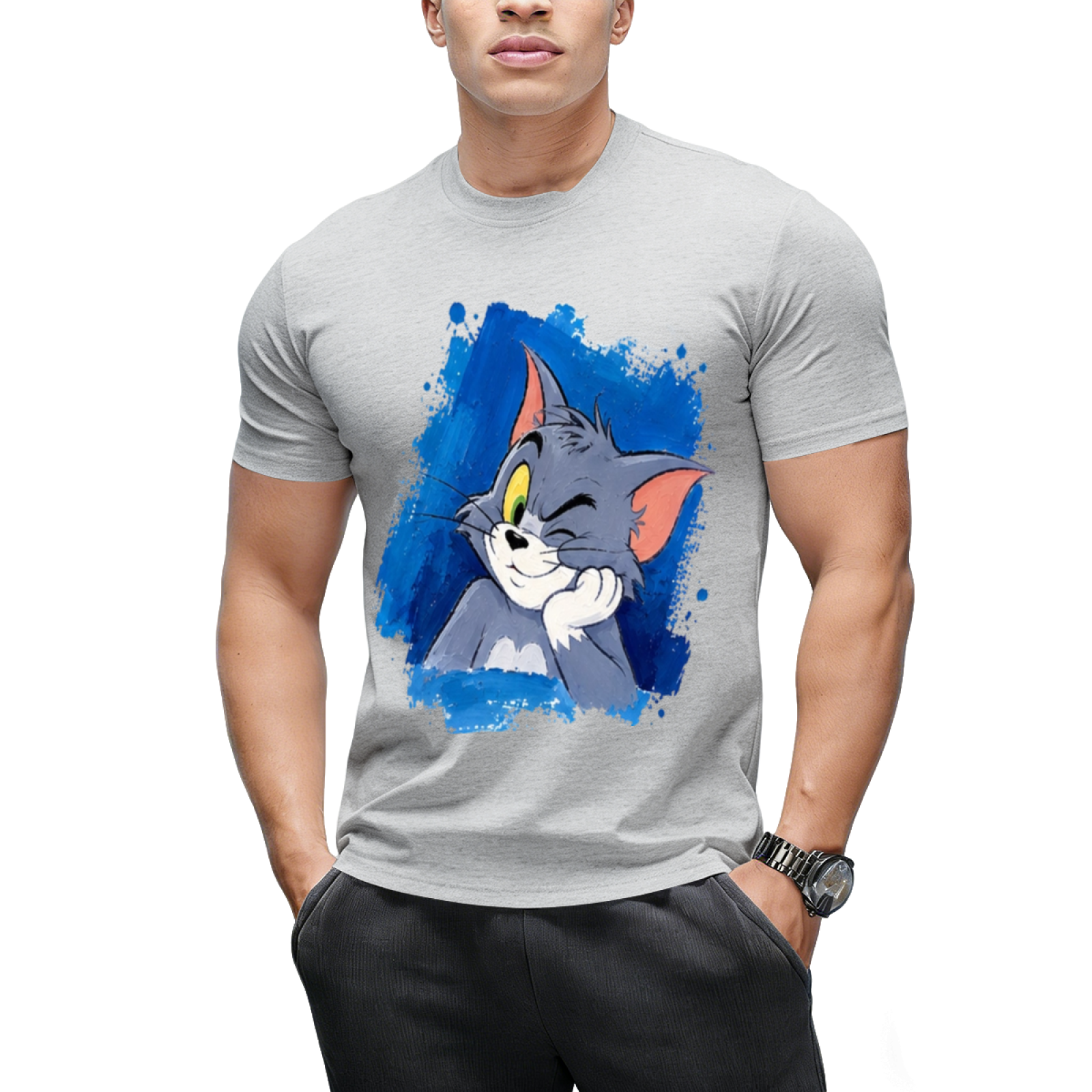 Tom Cat Peeking Blue Brushstroke Graphic Sweatshirt