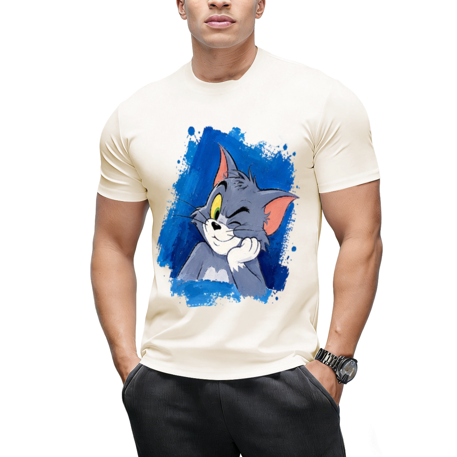 Tom Cat Peeking Blue Brushstroke Graphic Sweatshirt