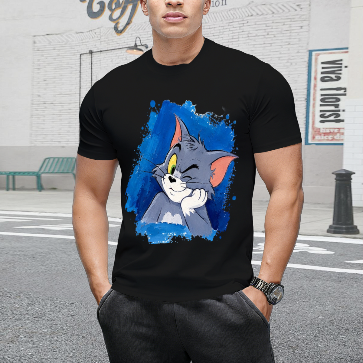 Tom Cat Peeking Blue Brushstroke Graphic Sweatshirt