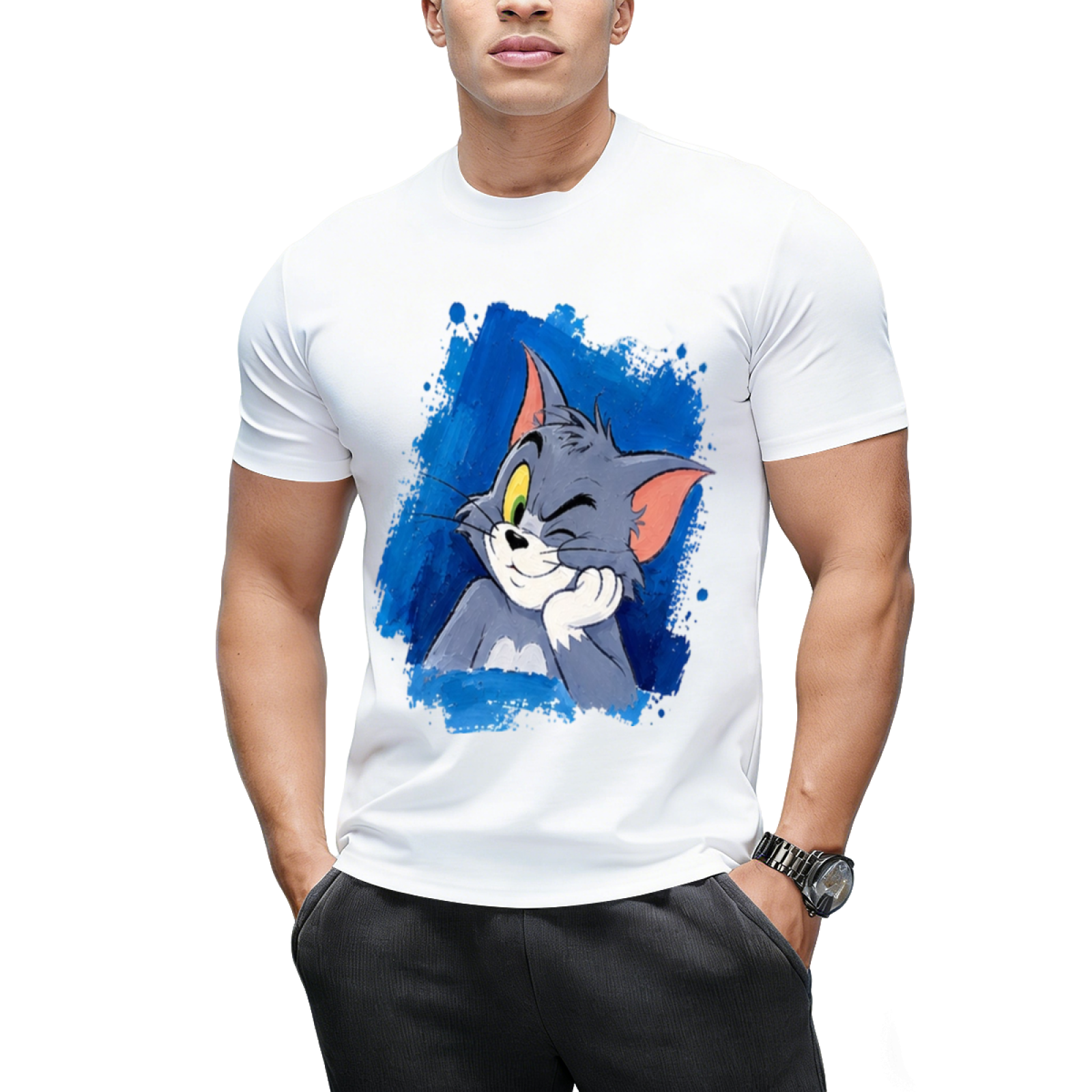 Tom Cat Peeking Blue Brushstroke Graphic Sweatshirt