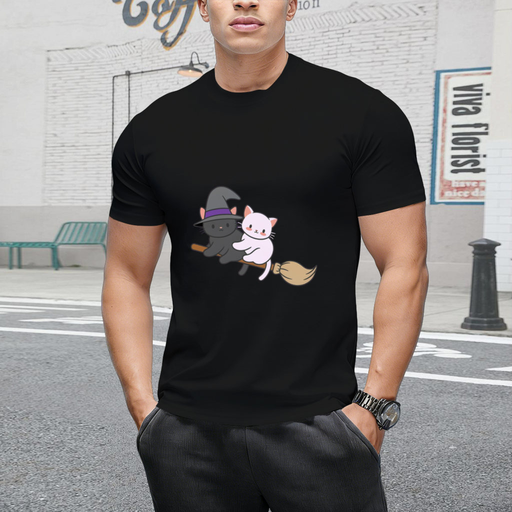Kawaii Cats on a Broomstick Graphic T-Shirt