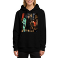 Studio photograph of a model in a women's hoodie showing two travelers on a rainlit street beneath neon city signs