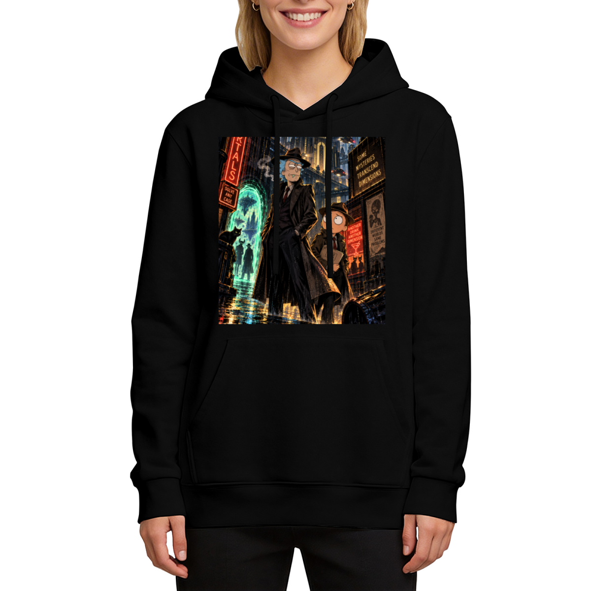 Studio photograph of a model in a women's hoodie showing two travelers on a rainlit street beneath neon city signs