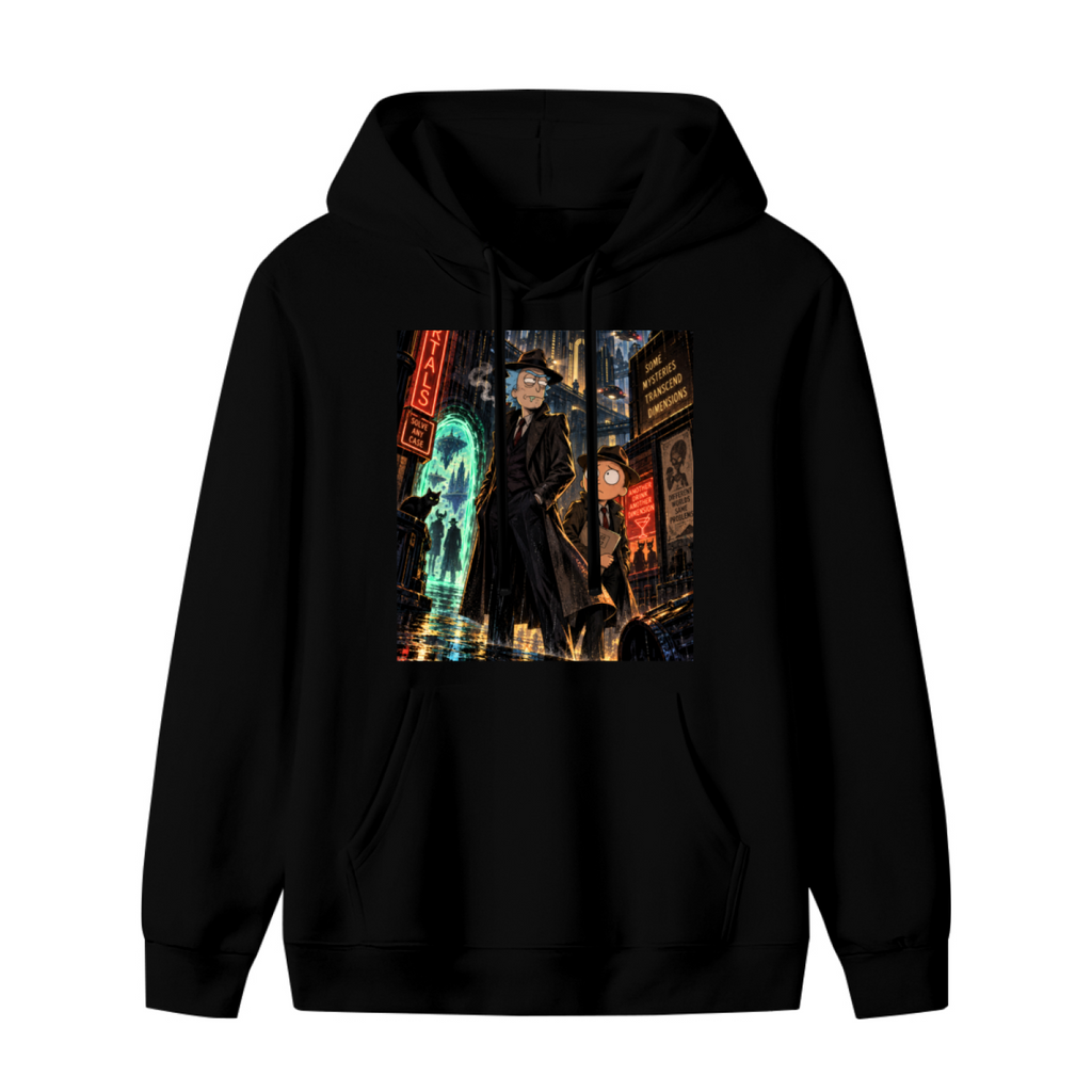 Standalone women's hoodie front displaying a graphic of two travelers on a rainlit street beneath neon city signs