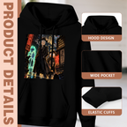 Construction-detail card for the women's Neon Sidewalk Encounter hoodie, including the hood, front pouch and cuff edges