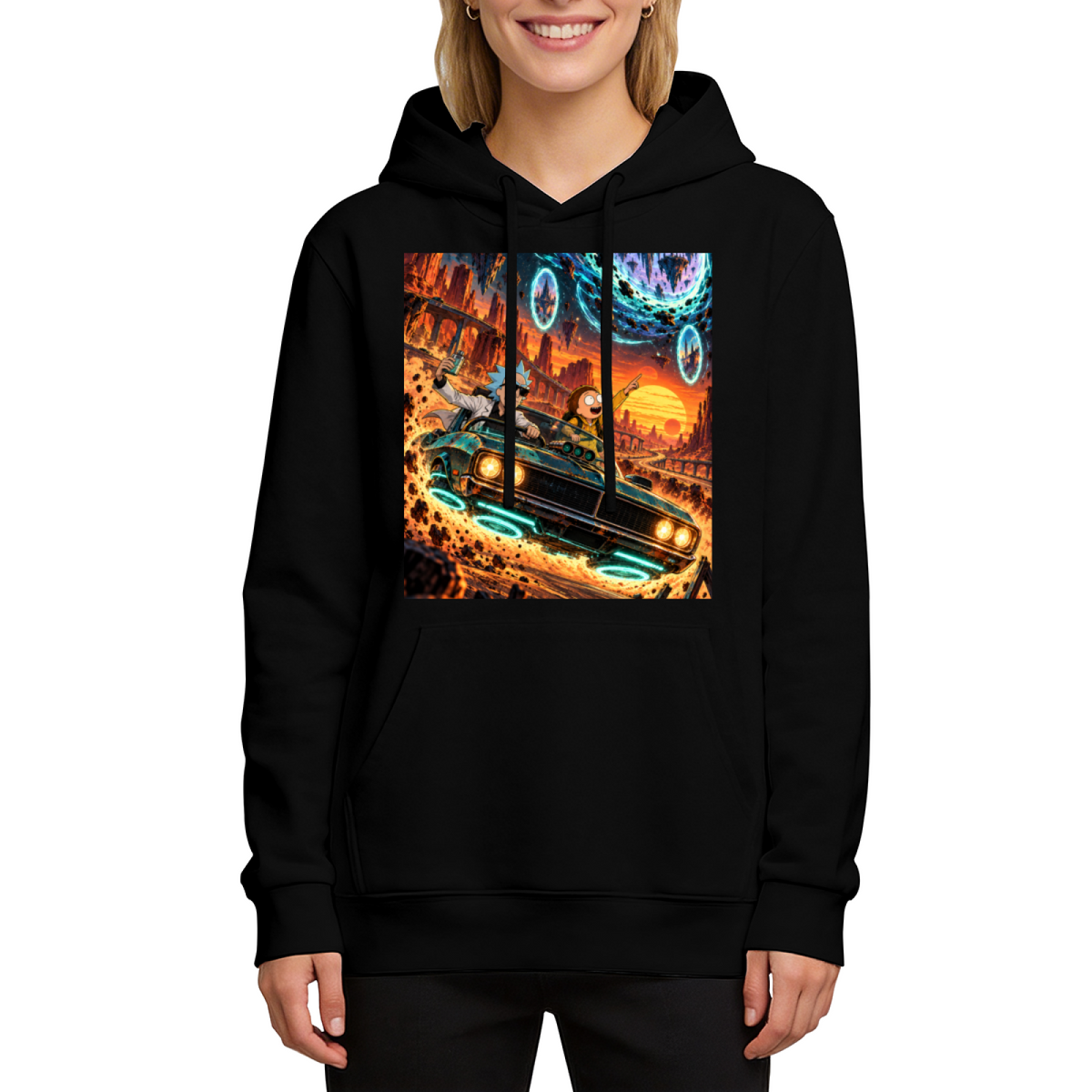 Front-facing model wearing a women's hoodie decorated with a muscle car racing through a cosmic landscape of glowing portals