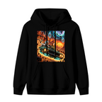 A muscle car racing through a cosmic landscape of glowing portals shown on the front of a women's hoodie in a standalone product shot