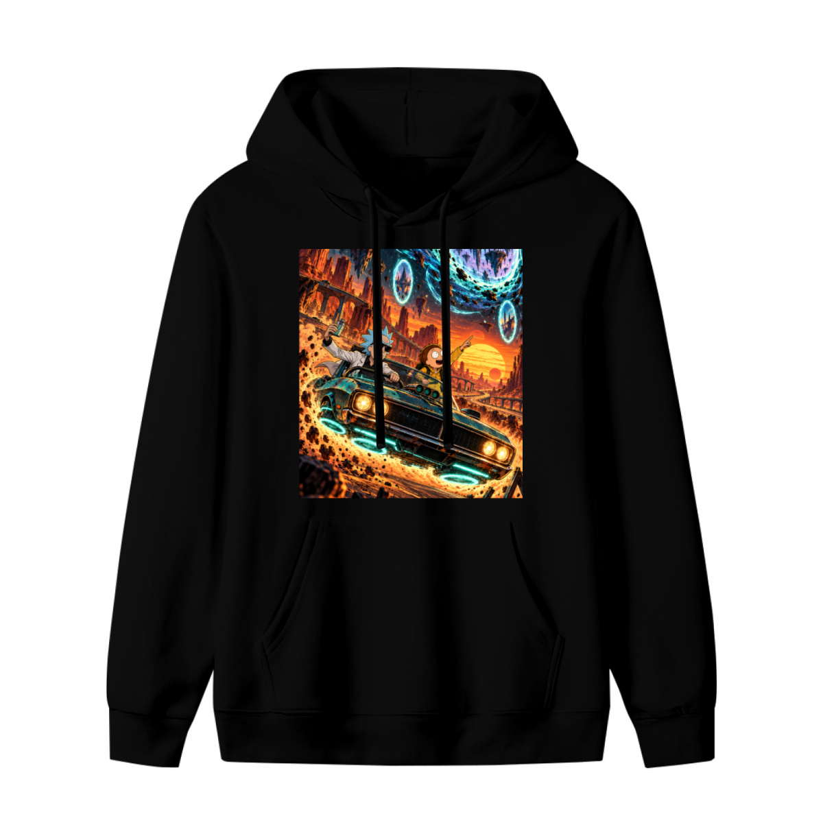 A muscle car racing through a cosmic landscape of glowing portals shown on the front of a women's hoodie in a standalone product shot