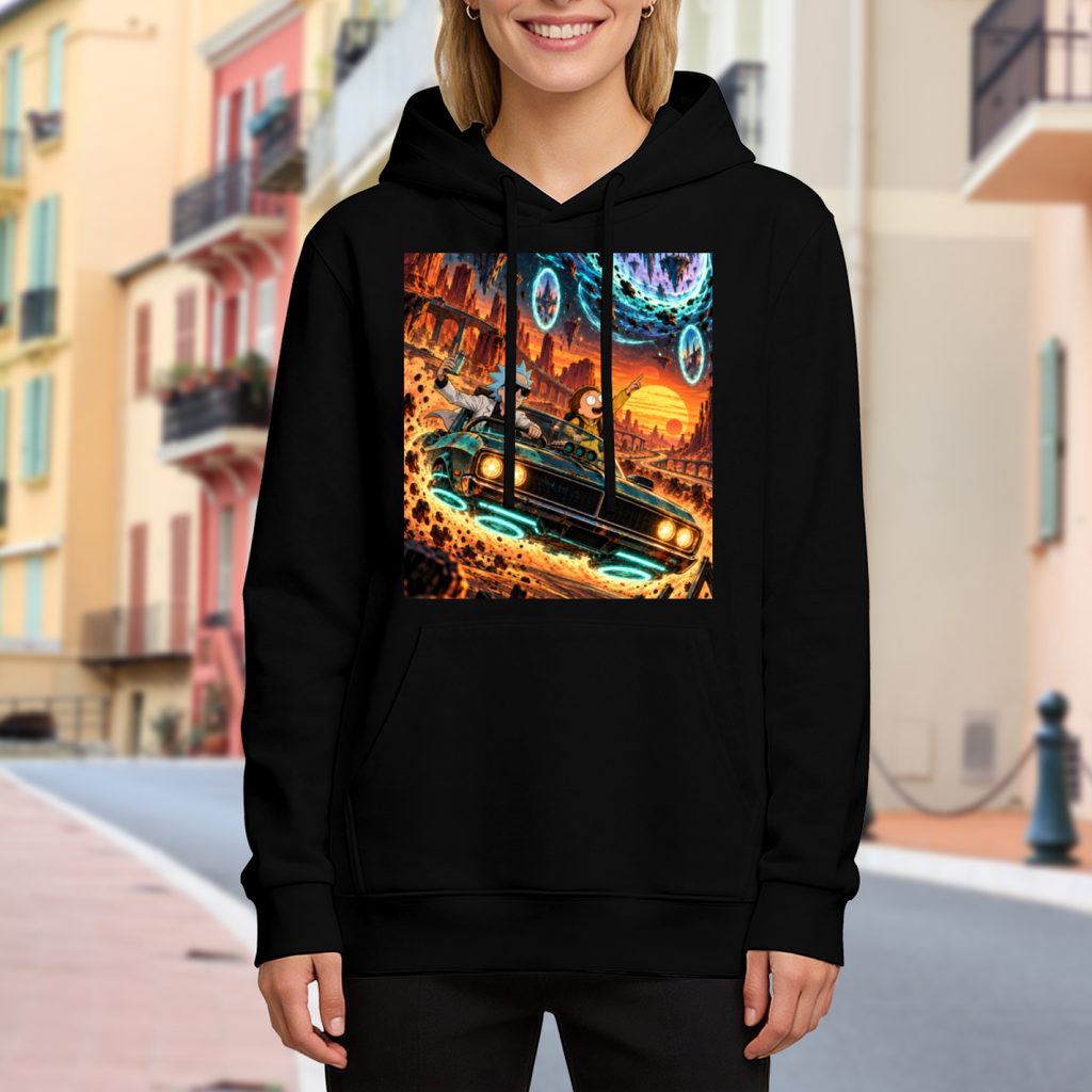 Outdoor photograph of a model in a women's hoodie bearing a muscle car racing through a cosmic landscape of glowing portals