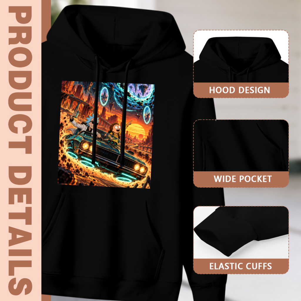 Hood, pouch pocket and sleeve-cuff detail images accompanying the women's Cosmic Car Detour hoodie