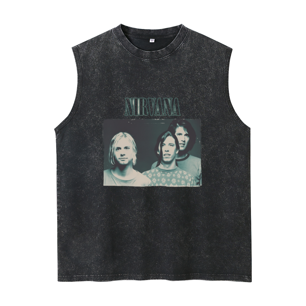 Nirvana Blue Tinted Band Photo Washed Tank Top — product image showing the a blue-tinted Nirvana band photograph design