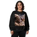 Animal figures clashing amid thunderbolts in a fantasy scene printed on a women's crewneck sweatshirt, shown in a front model photo