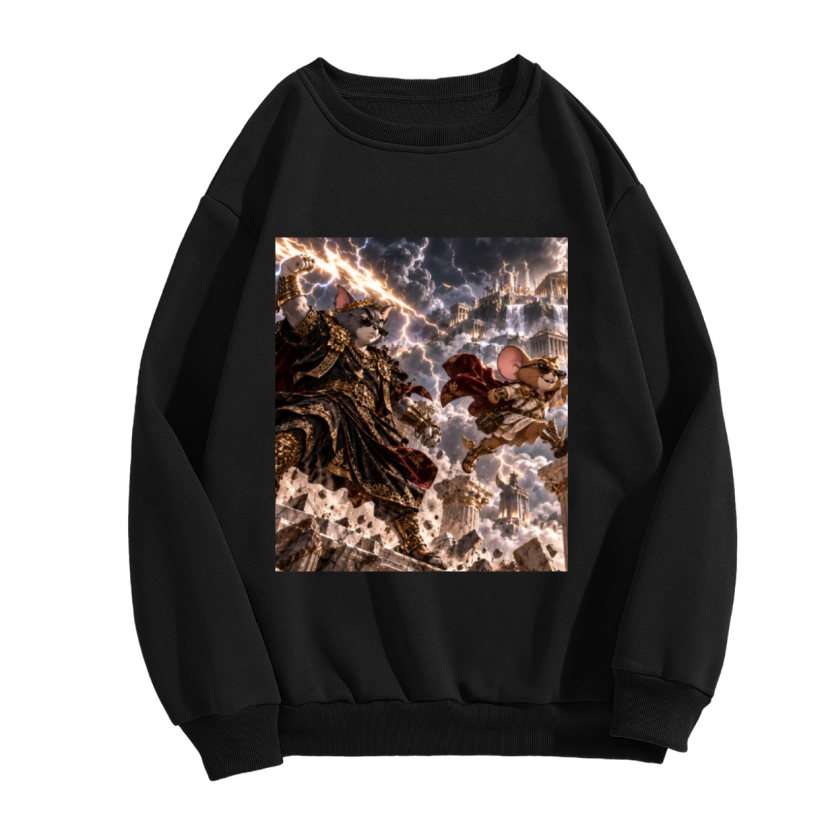 Unworn women's crewneck sweatshirt, front view of the design depicting animal figures clashing amid thunderbolts in a fantasy scene