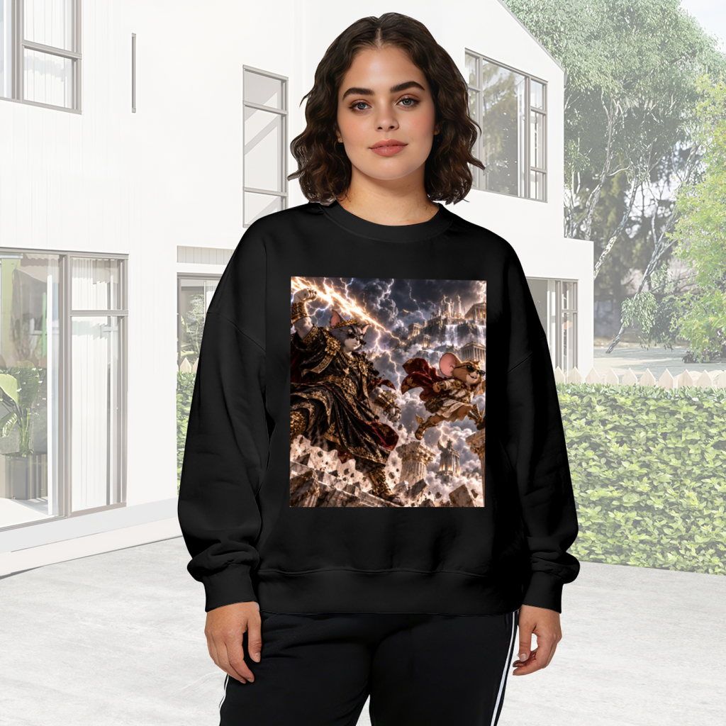 On-location model photograph displaying animal figures clashing amid thunderbolts in a fantasy scene on the front of a women's crewneck sweatshirt