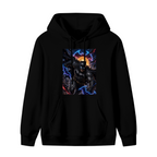 Unworn men's hoodie, front view of the design depicting a winged masked figure leaping amid electric bolts
