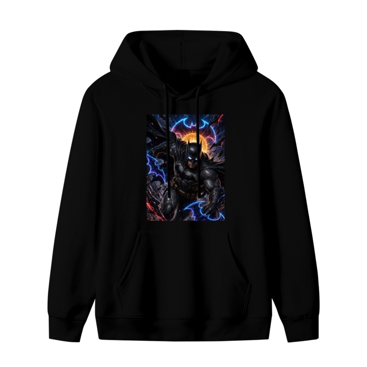 Unworn men's hoodie, front view of the design depicting a winged masked figure leaping amid electric bolts