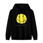 Nirvana Im So Happy Yellow Smiley Hoodie, product image featuring the a playful text-and-symbol design design