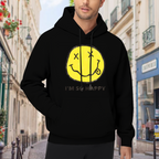Nirvana Im So Happy Yellow Smiley Hoodie, product listing image of the a playful text-and-symbol design graphic