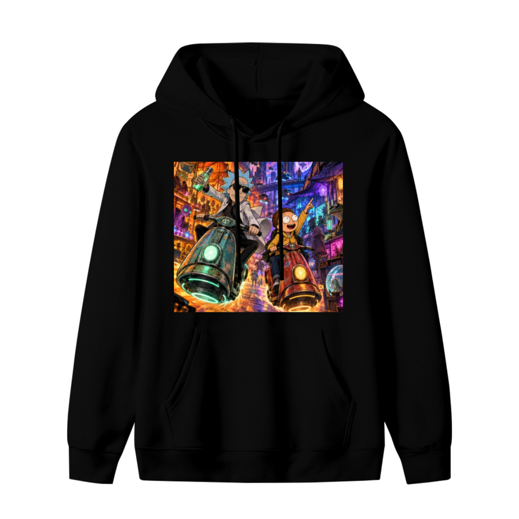 Men's hoodie photographed alone, with two scooter riders traveling through a neon-lit portal scene on the front