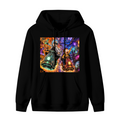 Men's hoodie photographed alone, with two scooter riders traveling through a neon-lit portal scene on the front