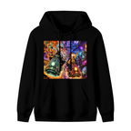 Men's hoodie photographed alone, with two scooter riders traveling through a neon-lit portal scene on the front