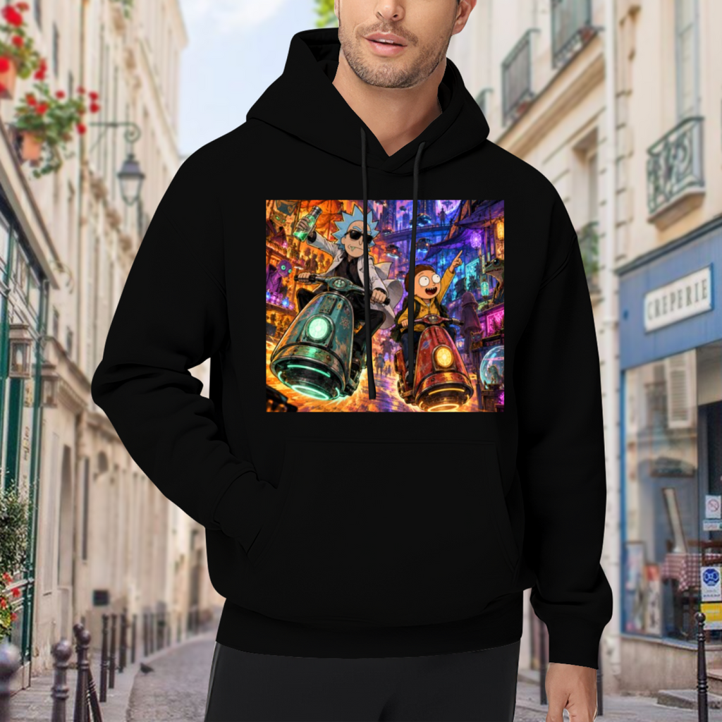 Lifestyle image outdoors: men's hoodie with a front graphic of two scooter riders traveling through a neon-lit portal scene