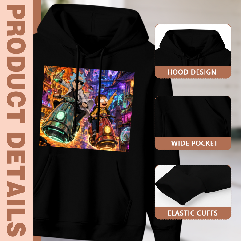 Feature collage for the men's Scooter Portal Commute hoodie: hood shape, pouch pocket and cuff finishing