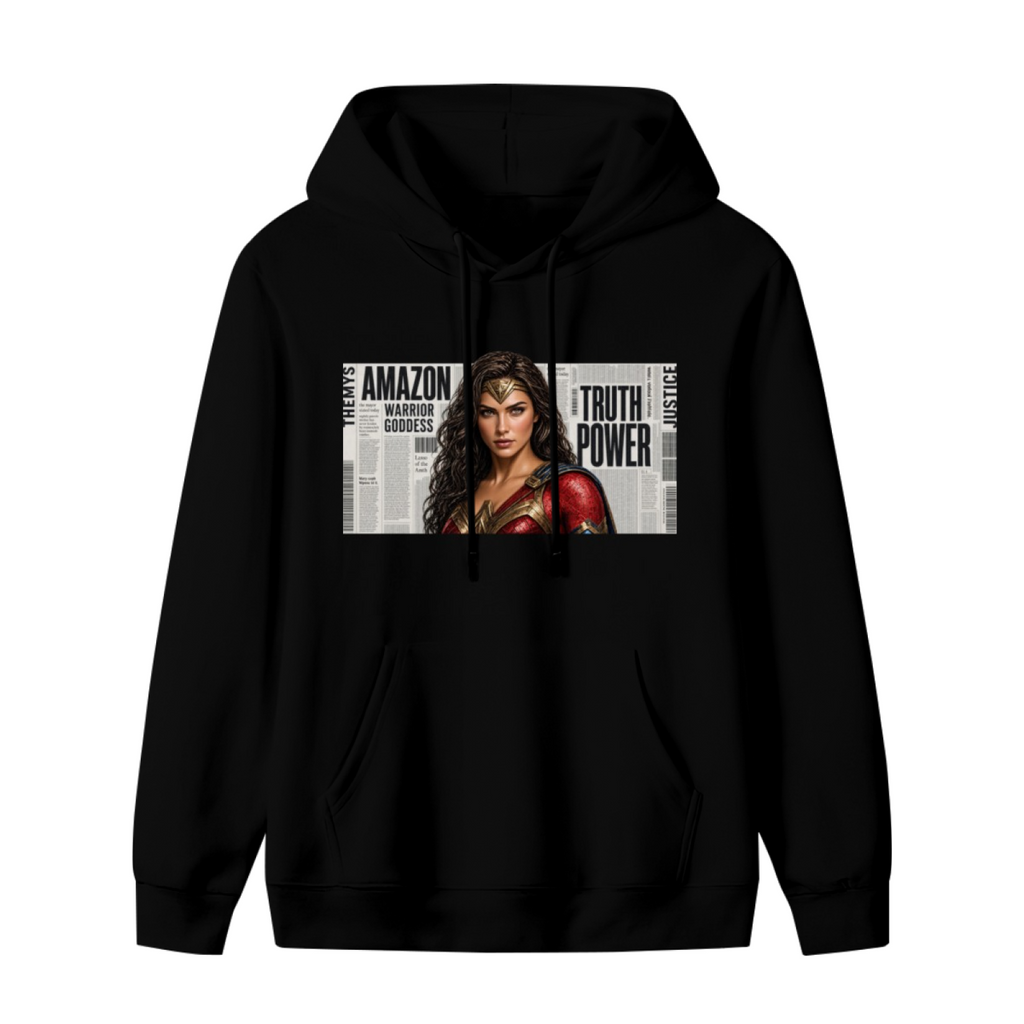 Unworn men's hoodie, front view of the design depicting a determined warrior portrait over large newspaper-style lettering