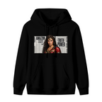 Unworn men's hoodie, front view of the design depicting a determined warrior portrait over large newspaper-style lettering
