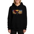 A flying caped figure crossing a golden panoramic sky printed on a women's hoodie, shown in a front model photo