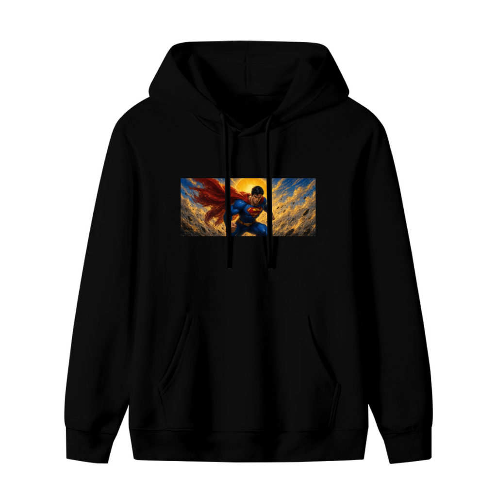 Unworn women's hoodie, front view of the design depicting a flying caped figure crossing a golden panoramic sky