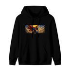Unworn women's hoodie, front view of the design depicting a flying caped figure crossing a golden panoramic sky