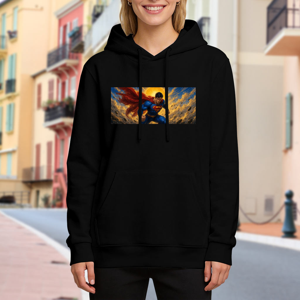 On-location model photograph displaying a flying caped figure crossing a golden panoramic sky on the front of a women's hoodie