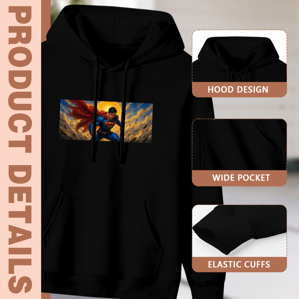 Garment and inset detail views for the women's A Cape against the Clouds hoodie, highlighting the hood, pocket opening and cuffs