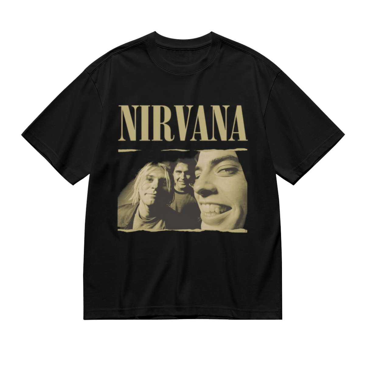 Nirvana Vintage Band Photo Graphic T-Shirt for Men — product design preview of the artwork; the vintage band portrait has a sepia-toned appearance
