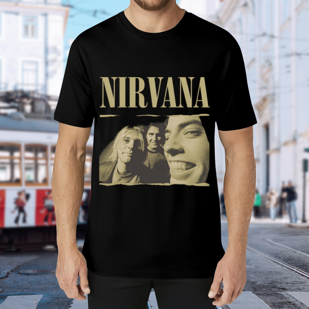 Nirvana Vintage Band Photo Graphic T-Shirt for Men — product design preview of the artwork; the vintage band portrait has a sepia-toned appearance
