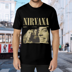 Nirvana Vintage Band Photo Graphic T-Shirt for Men — product design preview of the artwork; the vintage band portrait has a sepia-toned appearance
