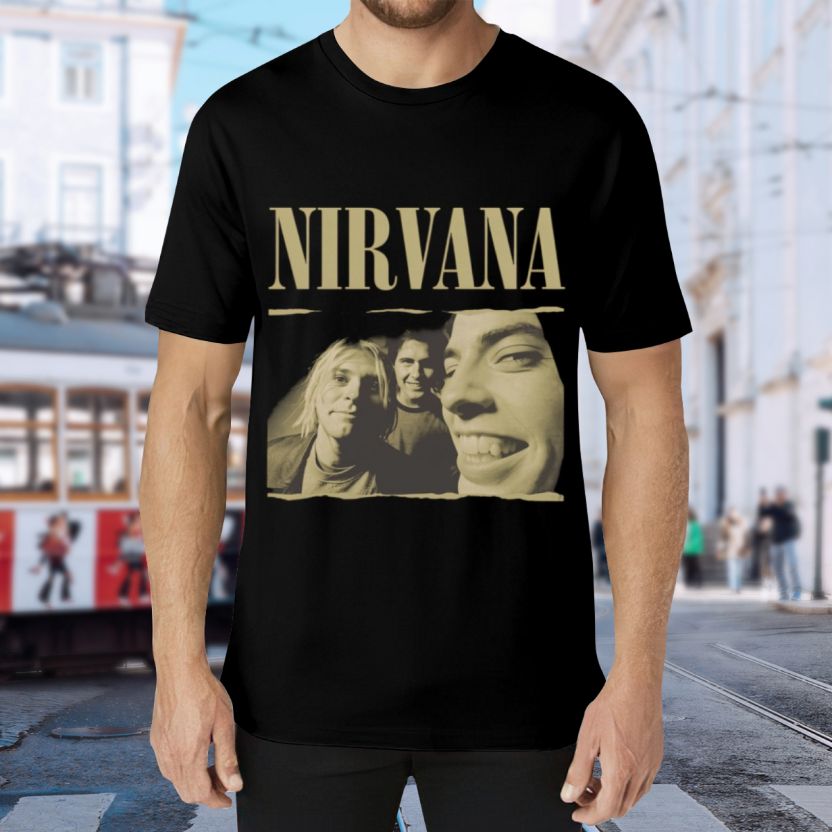 Nirvana Vintage Band Photo Graphic T-Shirt for Men — product design preview of the artwork; the vintage band portrait has a sepia-toned appearance