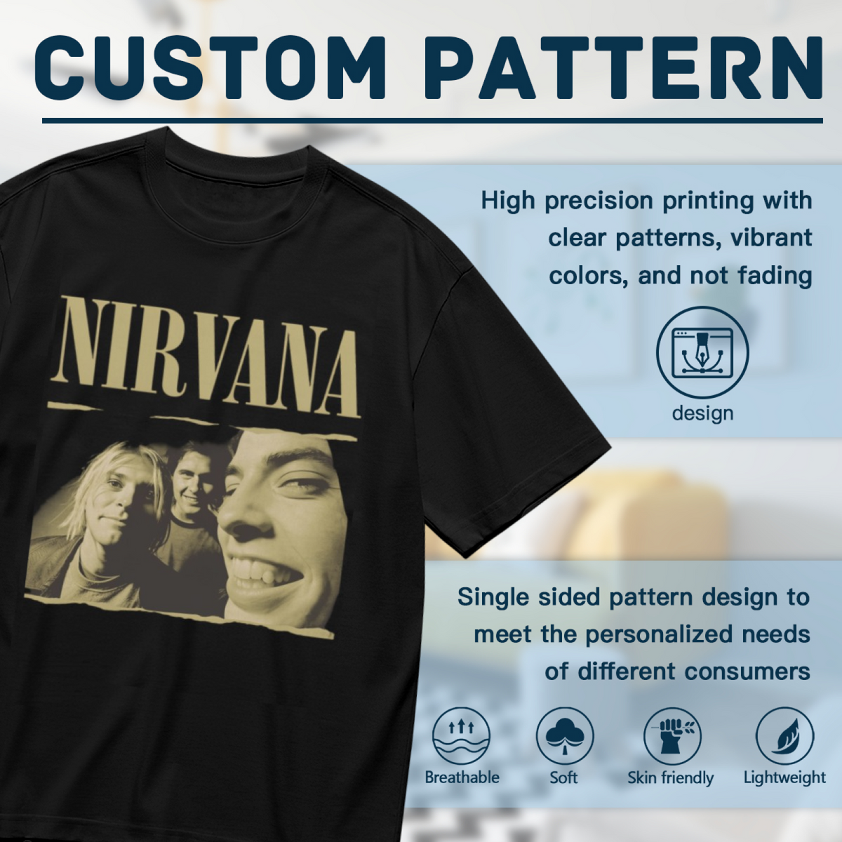 Nirvana Vintage Band Photo Graphic T-Shirt for Men — product design preview of the artwork; the vintage band portrait has a sepia-toned appearance
